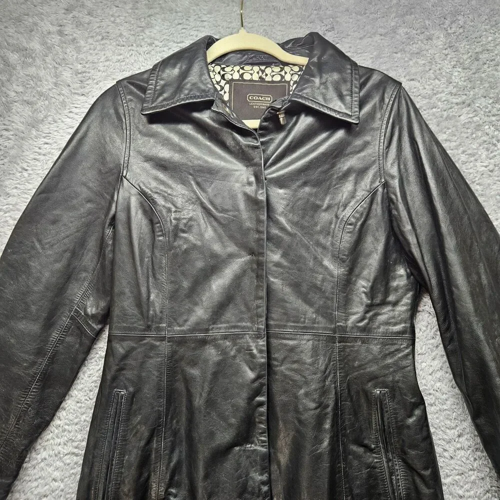 Coach Womens Black Leather Jacket Size XS Mid Length